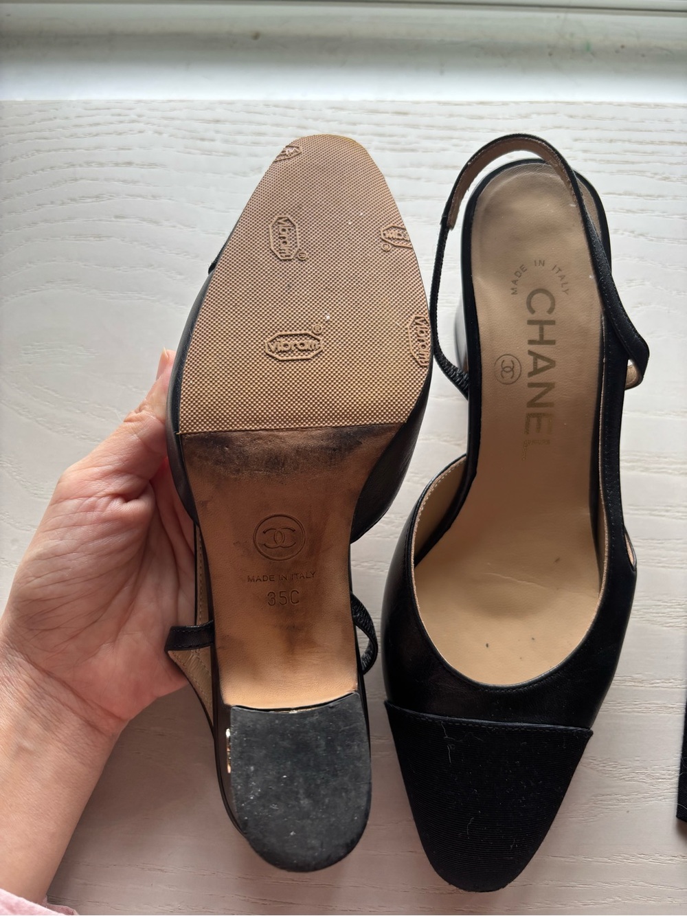 CHANEL Black Leather & Fabric Slingback Mules - Picture 6 of 7